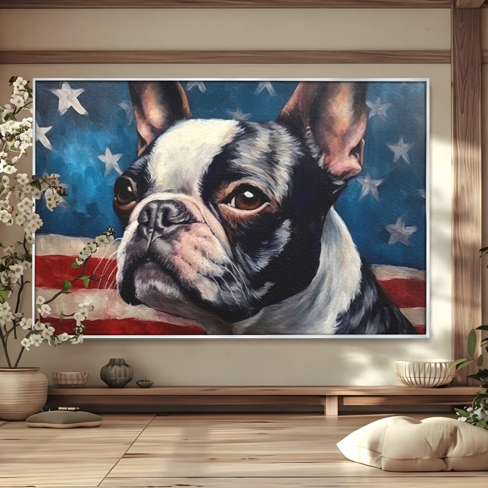 Tablou canvas cu tablou pictura caine boston terrier, in rama de aluminiu argintiu